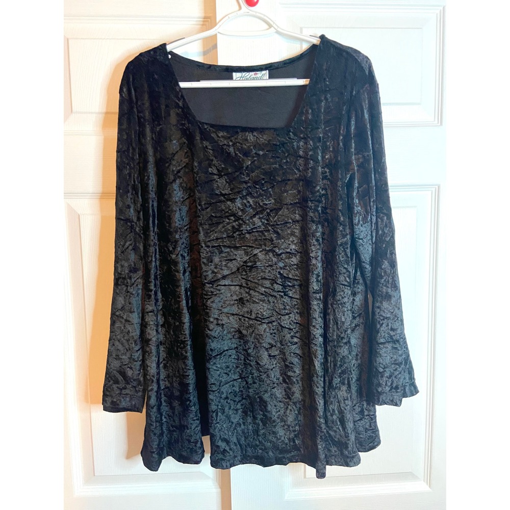 Haband Womens XL Black Crushed Velvet Square Neck Long Sleeve Tunic Top